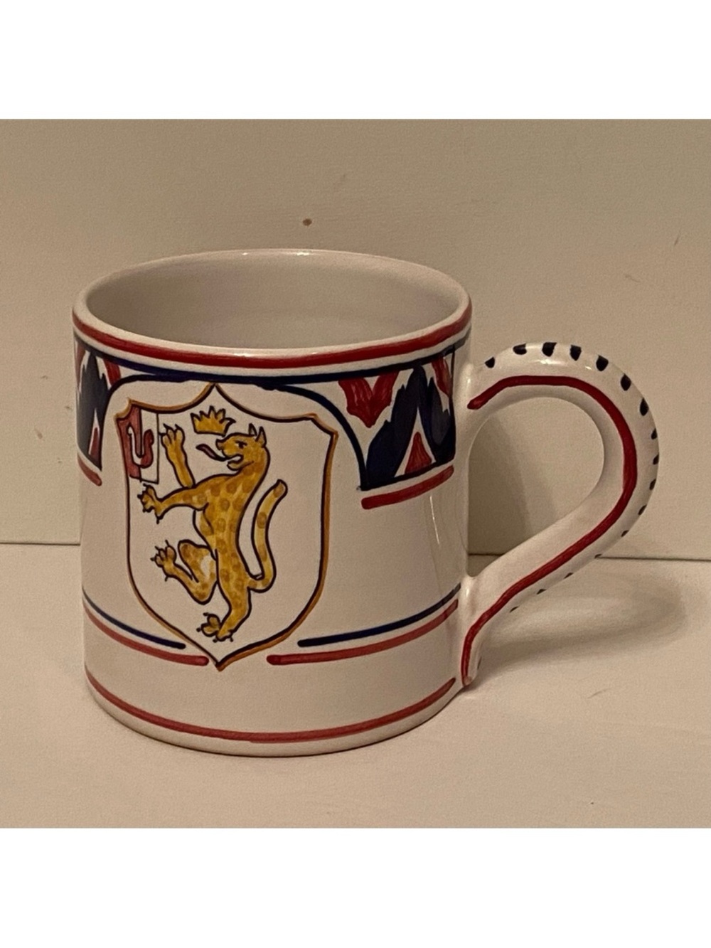 GRAZIA DERUTA MUG PANTERA RAMPANT PANTHER ITALY HAND PAINTED WHITE BLUE RED HOME